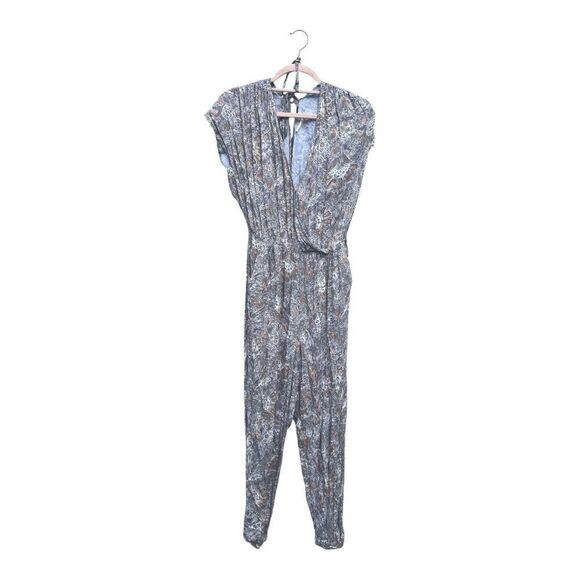 Free People Universal Surplice Jumpsuit Taupe Combo Size small Gray Orange Print - Picture 4 of 9